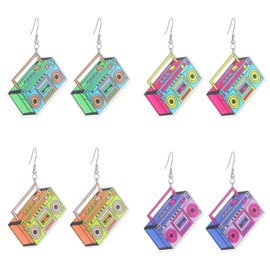 4 Pairs Vintage Cassette Tape Earrings 80s 90s Earrings for Women Retro Geometric Drop Dangle for 80's Outfits Cosplay Glow Party Music Party 70s 80s 90s Accessories - Set A