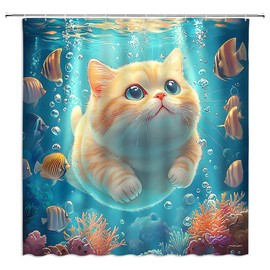 UOZXOML Funny Cat Shower Curtain Cute Orange Kitten Swimming and Fish in Sea Coral Underwater World Ocean Marine Life Lovely Pet Fabric Bathroom Decor Curtains with Hooks,70 x 70