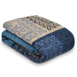 Shesyuki Bohemian Throw Blanket, Chenille Jacquard Tassels Cover for Couch Bed, Decorative Sofa Slipcover Protector - Colorful Tribal Pattern(Blue, 86 * 102 in)