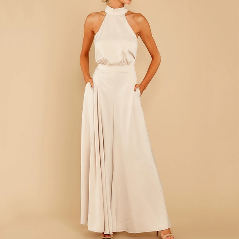 Women Plain Satin Jumpsuit Elegant Summer Halter Off Shoulder Jumpsuit