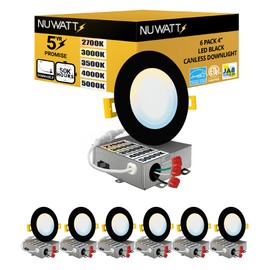 NUWATT 6 Pack, 4 Inch Ultra-Thin LED Recessed Lighting Black, 5CCT 2700K/3000K/3500K/4000K/5000K Selectable, 630LM, 9W, IC Rated, Dimmable Canless Wafer Light, Damp Rated Pot Lights with Metal J-Box