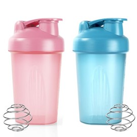 Protein Shaker, 400 ml Protein Shaker, Protein Shaker with Measuring Scale - BPA-Free, Leak-Proof, Durable, Shaker for Creamy Whey Protein Powder Shakes, with Stainless Steel Mixing Ball (Blue + Pink)