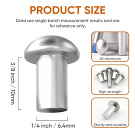 ALLCLEAN 1/4" Diameter X 3/8" Length Solid Aluminum Brazier Head Rivets,Aluminum Boat Rivets,Round/Dome Head Rivet,Pack of 150