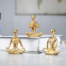 KalyZ@rts Resin Abstract Yoga Figurines Set of 3, Hand-Painted Glitter Zen Meditation Statues, Modern Minimalist Small Sculptures for Bookshelf Living Room Office Desk Decor, Gift for Yoga Lovers