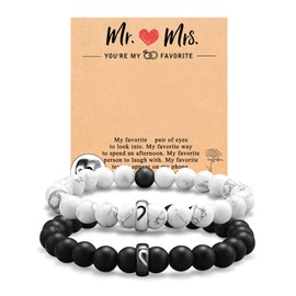 Flongo Partner Gift Couples Bracelets: Couple Pearl Bracelet Friendship Bracelet Black White Pearl Bracelet Partner Bracelets Natural Stone Gifts for Couple Him and Her Men Valentine's Day, Stainless