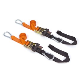 PowerTye 1.5in x 6.5ft Heavy-Duty Yellow-Zinc Ratchet Tie-Down Straps with Soft-Tye and Carabiner Hooks- 1,000 lb Working Load Limit / 3,000 lb Breaking Strength - Made in USA - Orange/Black (Pair)
