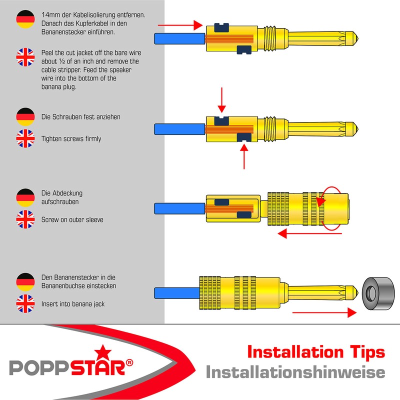 Poppstar 12x High-End Banana Plugs, Bananas for Speaker Cables (up