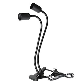 GOEDCH Table Lamp Holder E27: Double Head Clip Lamp Holder, LED Desk Lamp Clip with Cable and Switch, EU Plug, Gooseneck 360 Degree Flexible, Long Hose for Headboard, Workbench, Black