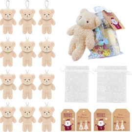 YJUBAOA 12 Set Miniature White Teddy Bears, 4.7 Inch Stuffed Plush Mini Bear with Xmas Tag and White Christmas Organza Bag for Christmas Souvenirs DIY Keychain Xmas Decor Party Favor