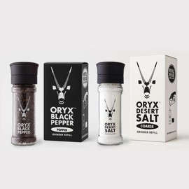 Oryx Desert Salt & Pepper Grinders with Refill Boxes Combo - 3.52oz/8.8oz - Pepper Grinder with Black Peppercorns, Salt Grinder with Oryx Desert Salt - Kosher Naturally Organic Gourmet Combo