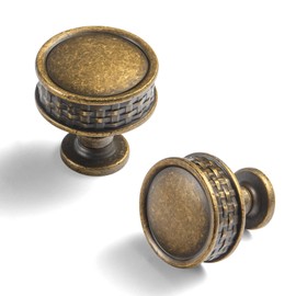 Goo-Ki Antique Brass Weave Cabinet Knobs for Kitchen Zinc Alloy Hardware - 6 Pack Woven Vintage Retro Brass Single Screw/Hole Drawer Pulls Handles
