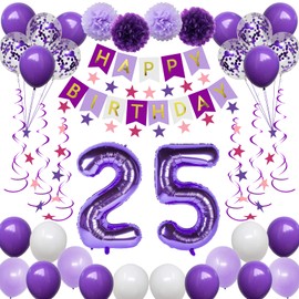 NANINUNENO 25th Birthday Decorations for Girls, Purple 25 Happy Birthday Balloons Supplies Including Purple Happy Birthday Banner, Purple 25 Number Balloons, Purple Pink Star Streamers, Hanging Swirls