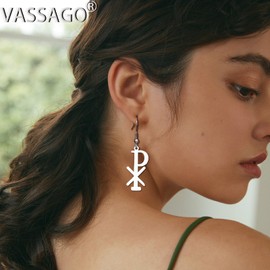 VASSAGO Chi Rho Christ Earrings Christogram Alpha Omega PX XP Symbol Dangle Drop Hoop Earring Jesus Cross Christian Religious Jewelry Gift for Women