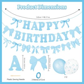 Blue Party Decorations for Girls,Bow Birthday Decorations,Blue Birthday Banner,25 Cards + 12 Latex Bow Ballons,Cute Decor for Girls Celebrations and Events,Party Supplise,Exquisite Photo Backdrop