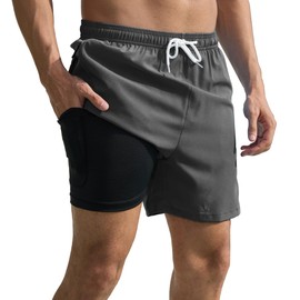 Mens Swim Trunks Swim Shorts Board Shorts Quick Dry Beach Shorts Swimwear Bathing Suits with Compression Line Grey
