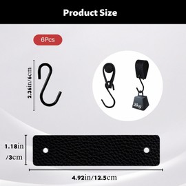 Lyivisk Pack of 6 S Hooks Black with Leather Loop, Multi-Purpose Hooks with Leather Loop, Metal Hooks for Clothes Rail for Wardrobe Clothes Rail Rail Kitchen Bathroom