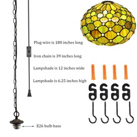 MQYXH Tiffany Lamp Brownish Green Pearl Stained Glass Plug in Pendant Light Vintage Swag Lamp 12X12X180 Inch Hanging Lamps for Dining Room Living Room Office Bedroom or Porch