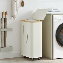 Chirslley 60L Slim Laundry Basket with Wheels,Narrow Laundry Hamper with Lid and Removable Liner Bag, Foldable Clothes Hamper Organizer with Bamboo Handles for Bathroom, Dorm, Bedroom, Beige