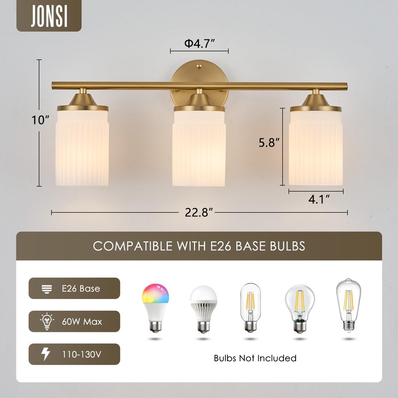 Jonsi Gold Bathroom Light Fixtures 3-Light Vanity Lights Modern Wall