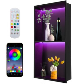 Mokemok 12" X 24" RGB Shower Niche,Recessed Two-tier Shower Niche with Led Light,Stainless Steel Wall Niche with Remote Control,No Tile Needed Wall Niche,Matte Black