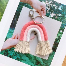 Enyolidimk Fahou Weave Rainbow Key Ring Key Holder Keychain Macrame Bag Charm Car Hanging Keychain Car Key Fob Rose 1, rose