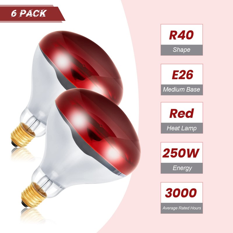 Treela 6 Pcs 110V Red Infrared Bulbs Medium E26 Base,