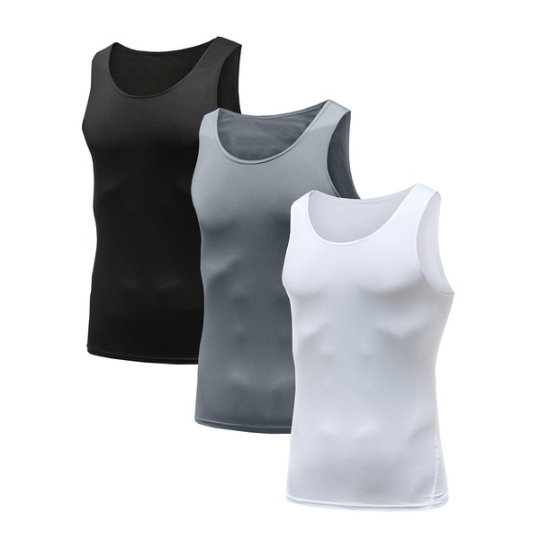 HIBETY Men's 3 Packs Sleeveless Compression Tank Top,Baselayer Cool Dry Compression Shirts (Black/Gray/White, X-Large)