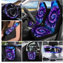INSTANTARTS Purple Tie-Dye 15 PCS Car Seat Cover Full Set Steering Wheel Cover Keychain Car Trash Can Car Dash Accessories Rearview Mirror Cover Car Coasters Easy to Install