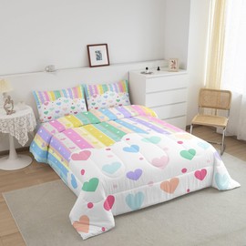 Feelyou Pretty Rainbow Bedding Set for Kids Boys Girls Colorful Love Heart Comforter Full Size Dot Comforter Set Bedroom Decor Kawaii Quilt Set Bedding Collection 3Pcs