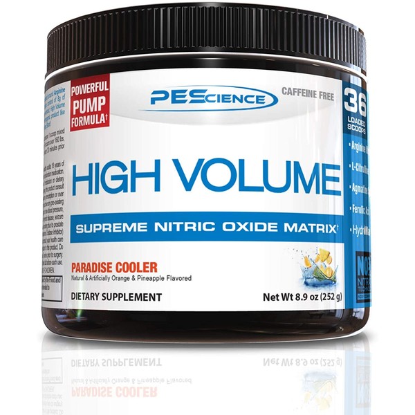 PEScience High Volume Nitric Oxide Booster Pre Workout Powder with L Arginine Nitrate, Paradise Cooler, 36 Scoops, Caffeine Free
