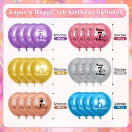 Colorful 7th Birthday Balloons 24Pcs Metallic Rainbow 7th Birthday Decorations 12 Inch 6 Assorted Colors 7 Years Old Latex Balloons for Boys Girls 7th Birthday Anniversary Party Supplies