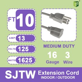 EP 10 Ft Outdoor Extension Cord - 16/3 SJTW Gray Electrical Cable with 3 Prong Grounded Plug, UL Listed