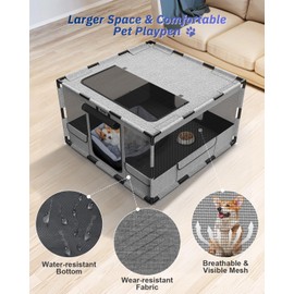Dog Playpen, 43x43x26 Inches Puppy Playpen Portable with Top Cover, Thickened Fabric Tear Resistant Waterproof Bottom with Breathable Mesh Dog Fence for Indoor and Outdoor, Gray