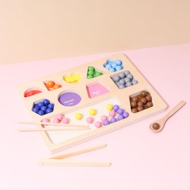 Montessori Color Sorting Game - Educational Wooden Tray Set with Rainbow Balls, Shapes, and Tools for Toddlers, Enhances Fine Motor Skills, Color Recognition, Counting, Ideal for Preschool Learning.