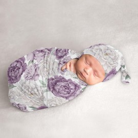 Sweet Jojo Designs Lavender Purple Boho Shabby Chic Floral Girl Baby Cocoon Swaddle and Beanie Newborn Jersey Set Infant Wearable Blanket Going Home Outfit Set Ivory Bohemian Vintage Garden Watercolor