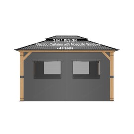 Gazebo Curtains 10'x10' Gazebo Universal Replacement Privacy Curtains with Mosquito Windows - Closable Screen with Zipper 2 in 1 Design 4-Panels Protecting Shade Set (with Neting Windows)-Grey