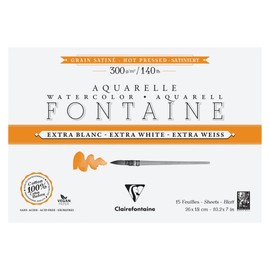 Clairefontaine Fontaine 976019C Watercolour Paper Pad Extra White and Satinised 4-Sided Glued 15 Sheets 300 g 26 x 18 cm Pack of 1