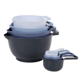 BoxedHome Set of 8 Mixing Bowls, Blue Plastic Salad Bowls, Non-Slip, Multifunctional Mixing Bowls, Serving Bowls for Kitchen, 8-Piece (4 Mixing Bowls with 4 Measuring Spoons), Blue