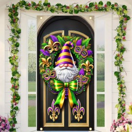 BlissYard Mardi Gras Door Banner Mardi Gras Party Supplies 71x35 Inch Door Cover Party Supplies Mardi Gras Door Decorations Festive Gnome and Mask Design for Carnival Decorations