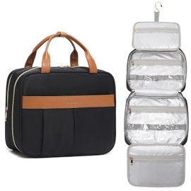 FENGDONG Makeup Toiletry Bag Portable Cosmetic Bag Water Resistant Travel Essentials Organizer Case with Hanging Hook for Women Black