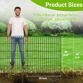 5 Panels No Dig Decorative Outdoor Garden Fence with Gate for Yard, 32 in(H) X 11.8 ft(L) Animal Barrier Fencing Rustproof Metal Wire Panel Border for Dog, Rabbits, and Patio Temporary Ground Stakes