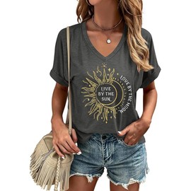 Women's Live by The Sun Love by The Moon V Neck Shirt Ramadan Sun Moon Graphic Tee Religion Summer Tops(M,Dark Grey-C)