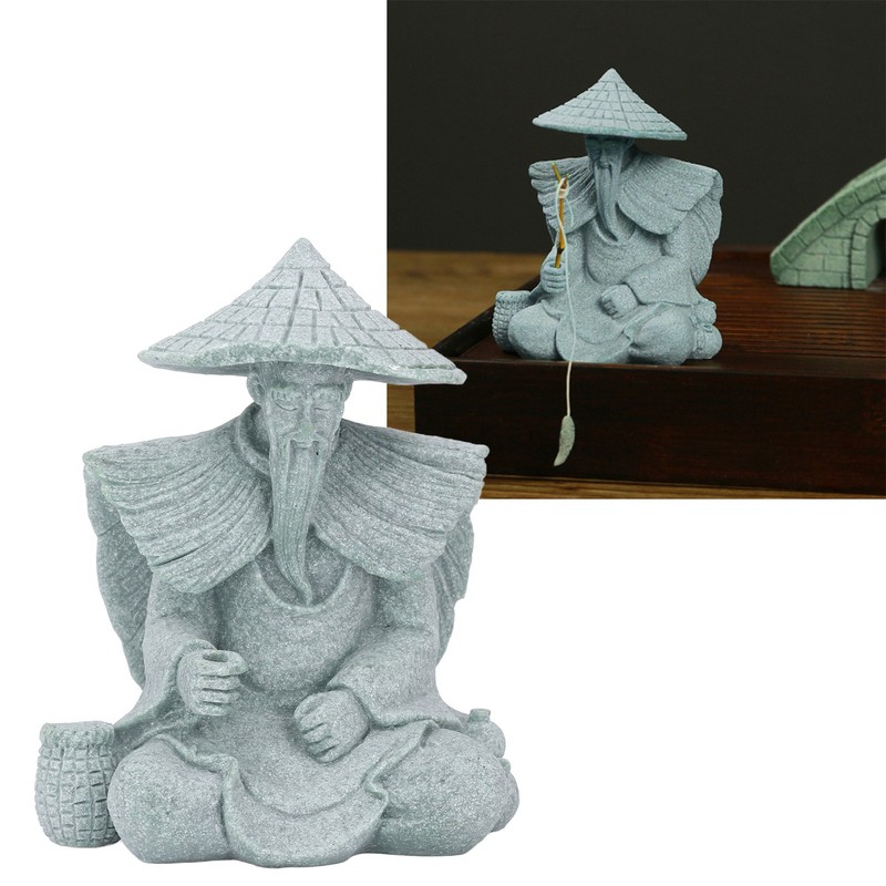 Fisherman Statue Sitting Fishing Old Man Figurine Small Desk Ornament
