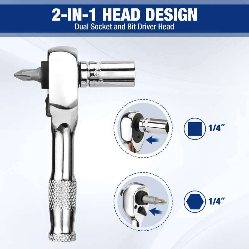 WORKPRO 2-Piece Stubby Handle Ratchet Set with 14 Accessories, 1/4"