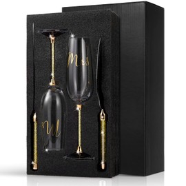 Boao Juego de 4 flautas de tostado de boda y servidor de pasteles, suministros de recepción de boda, copas de champaña, cuchillo para tartas (diamante dorado, simple)