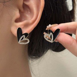 Yheakne Vintage Black Enamel Heart Stud Earrings Gold CZ Heart Earrings Black Heart Hoop Earrings Crystal Hollow Heart Love Earrings Jewelry for Women