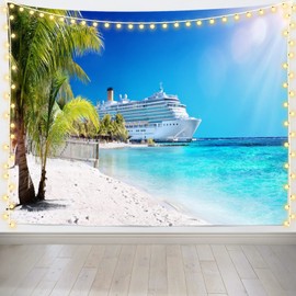 Loccor Cruise Ship Tapestry Caribbean Sea Palm Tree Coral Beach Tapestry Wall Hanging 80" X 60" Large Tropical Island Summer Holiday Tapestries Wall Art for Bedroom Living Room Dorm Home Decor
