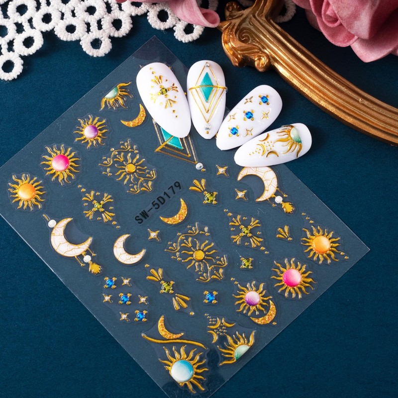 Winsyison 2 Sheet 5D Embossed Nail Stickers, Sun Moon Star