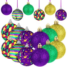 Shappy 24 Pcs Mardi Gras Ball Ornaments Purple Green Yellow Carnival Tree Ornament Decorative Hanging Ornaments Shatterproof Sequin Tree Balls for Party Holiday Masquerade (Classic Style)