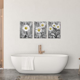 iHAPPYWALL 3 Pieces Bathroom Wall Art Yellow Grey Daisy Flowers Vintage Grey Floral Picture Print for Rustic Bath Bedroom Kitchen Home Decor Ready to Hang 12x16inchx3pcs